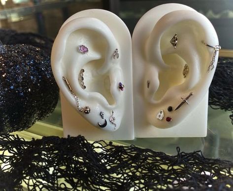 Halloween Ear Curation, Halloween Piercings, Spooky Ear Curation, Halloween Themed Pierced Jewelry, Piercing Apprenticeship, Spooky Pierced Earrings For Halloween, Emo Halloween Pierced Earrings, Piercing Setup, Minneapolis Tattoo