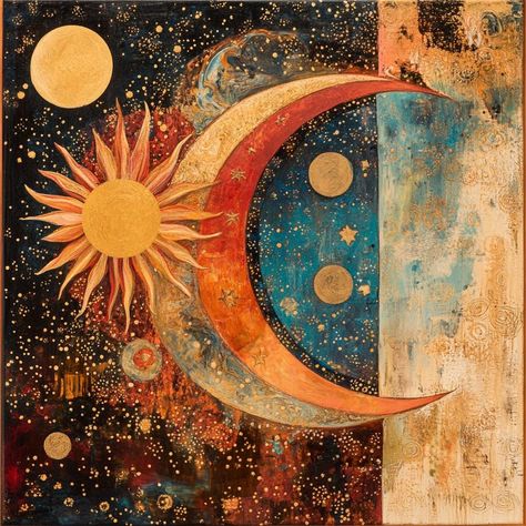 Immerse yourself in the stellar beauty of our Celestial Harmony Painting, where the cosmos comes alive on your walls! This stunning artwork captures the majestic dance of celestial bodies, blending vibrant colors with cosmic symbolism for a truly mesmerizing piece. 🌓 - Handcrafted Excellence: Each brushstroke is meticulously applied, ensuring a high level of craftsmanship. 🌞 - Unique Cosmic Design: Features a radiant sun, crescent moon, and golden planets, creating a celestial tapestry. 🌟 - Rich, Vivid Colors: An enchanting palette of blues, oranges, reds, and golds brings the night sky to life. ✨ - Intricate Patterns: Ornate detailing and textures add depth and dimension to this extraordinary piece. 🖌️ - Premium Materials: Crafted on high-quality canvas using fade-resistant, eco-frien Celestial Sun And Moon Art, Sun And Moon Painting, Harmony Painting, Celestial Tapestry, Cosmic Design, Painting With Gold, Eco Friendly Paint, Moon Painting, Gold Star