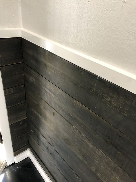 Rustic Black Shiplap Wall, Black Waynes Coating Ideas, Black Pallet Wall, Stained Shiplap, Black Shiplap, Baseboards And Trim, Barn Wood Wall, Barn House Interior, House Plan With Loft