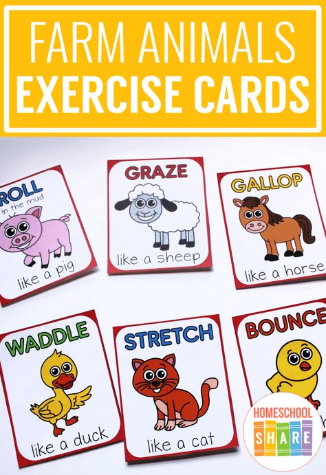 Farm Animal Exercise Cards – Homeschool Share Farm Movement Cards, Farm Animal Music And Movement, Animal Movement Cards Free Printable, Movement Cards For Kids Free Printable, Farm Theme For Preschool, Farm Animal Movement Cards, Farm Animal Movement, Exercise Cards Printable, Animal Sounds Activity