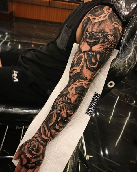 Animal sleeve done at @lumina_tattoo_studio @lumina_tattoo_studio Support by @fkirons @pantheraink @eztattooing @bheppo @alcotrabali | Instagram Lion Arm Sleeve Tattoo, Animal Arm Tattoo Men, Outer Arm Sleeve Tattoo Men, Animal Arm Sleeve Tattoo, Animal Sleeve Tattoo Men, Animal Tattoos Sleeve, Men’s Full Sleeve Tattoo, Lion Tattoo Sleeve, Animal Tattoo Sleeve