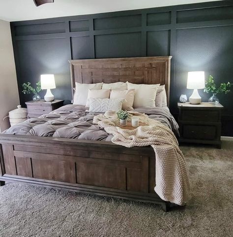 If you're thinking of doing an accent wall... stop thinking and do it!  It adds SO much to the space.

Target ftw the lamps, tray, chunky throw, and pillows!

Accent wall with Broadway by Behr Dark Wood Headboard Bedroom Accent Walls, Dark Wood Bedroom Furniture Decor Ideas Accent Wall, Bedroom Ideas For Couples Accent Wall, Green Accent Wall Bedroom Wood Headboard, Dark Statement Wall Bedroom, Wood Trim On Walls Master Bedrooms, Black Accent Wall Bedroom With Brown Furniture, Accent Wall Dark Furniture, Accent Wall With Soffit