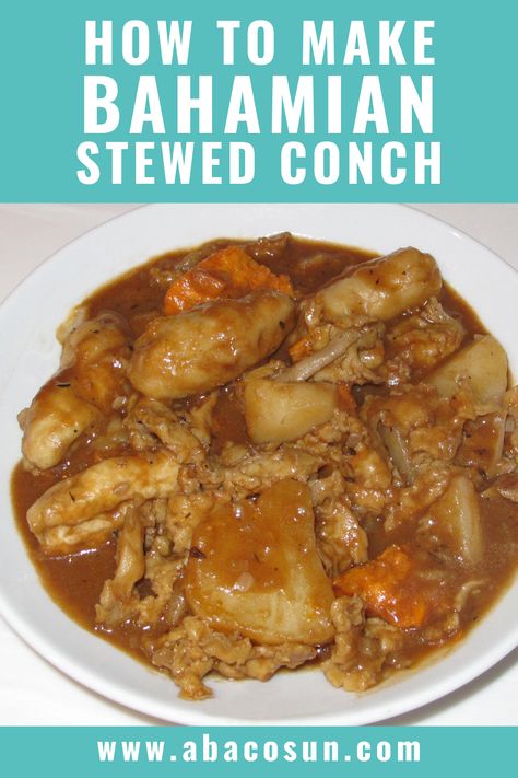 One of our favourite native dishes in Abaco and throughout the Bahamas. Conch Stew Recipes, Stew Conch Recipes, Steamed Dungeness Crab Recipes, Stew Fish Carribean, Orka And Shrimp Stew, Bahamian Stew Conch Recipe, Conch Recipes, Stew Conch Bahamian, Bahamas Food