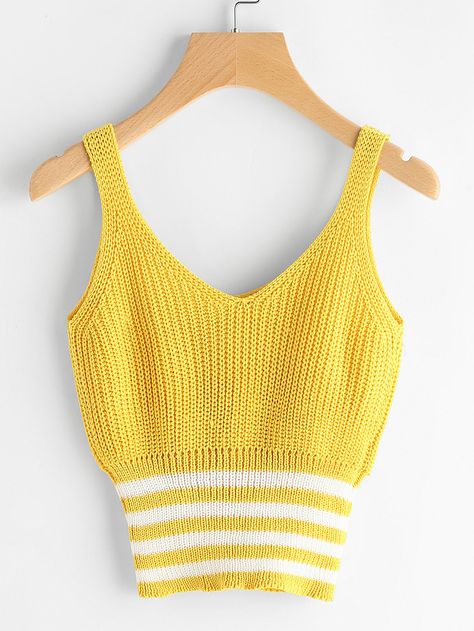 Shop Double V Neck Wide Striped Trim Knit Tank Top online. SheIn offers Double V Neck Wide Striped Trim Knit Tank Top & more to fit your fashionable needs. Crochet Tank Top Outfit, Crochet Tank Top Free, Tee Shirt Fashion, Yellow Tank Top, Tank Top Outfits, Yellow Knit, Crochet Ladies Tops, Wide Stripes, Knit Shirt