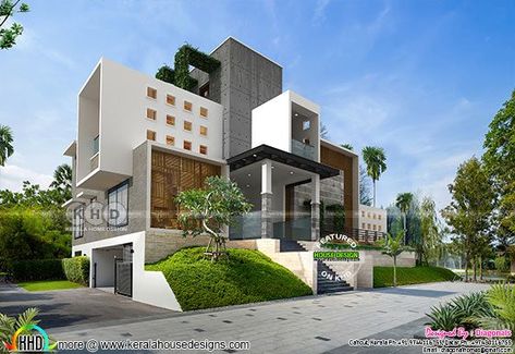 Rendering of ultra modern contemporary house in above road level Residence Elevation, Kerala Homes, Modern Contemporary House, Exterior Elevation, Design Diagram, Single House, Garden Nails, Gardening Aesthetic, Contemporary Houses