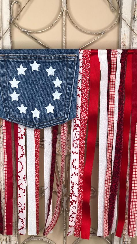 fourthofjulydecor #memorialdaydecor #patriotic #proudtobeanamerican #flagdecor American Flag Projects, Dollar Tree Decor Diy, Fouth Of July Crafts, American Flag Diy, Patriotic Crafts Diy, Americana Crafts, Scraps Of Fabric, 4th July Crafts, Denim Crafts Diy