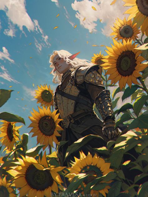 D D Character Ideas, Sunflower Field, Feminine Art, Fantasy Armor, Sunflower Fields, Drawing Poses, Anime Character Design, Painting Inspiration, Art Works