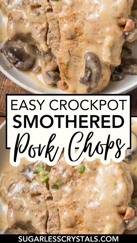 Discover the easiest way to make delicious Crockpot smothered pork chops with this simple recipe. Featuring tender bone-in pork chops, creamy gravy made from cream of mushroom, and a mix of onions, this dish is perfect for pairing with stuffing or mashed potatoes. Whether you’re cooking for a family gathering or a cozy dinner at home, these smothered pork chops are a surefire hit. Try this easy recipe today! Pork Chop Freezer Meals Crockpot, Pork Chops With Brown Gravy, Frozen Pork Chops Crock Pot, Pork Chop Freezer Meals, Crockpot Smothered Pork Chops, Slow Cooker Smothered Pork Chops, Smothered Pork Chops Crock Pot, Pork Chops With Mushrooms, Meals Crockpot