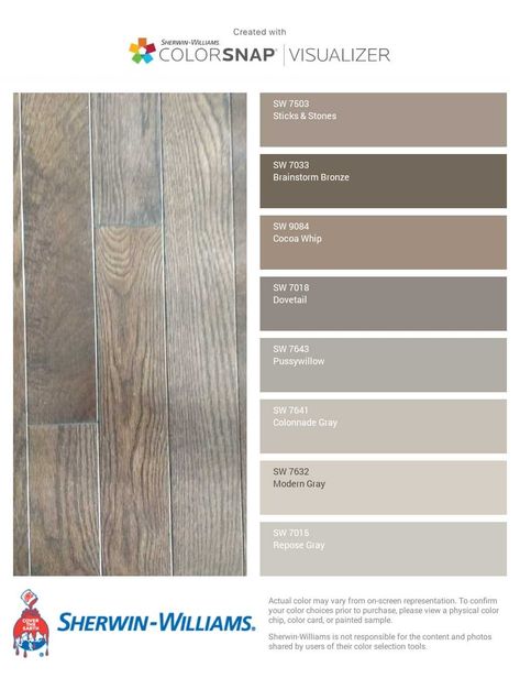 Dovetail Color Palette, Grayish Wood Floors, Wood Matching Colors, Sw Modern Gray Color Palette, Crushed I E Sherwin Williams, House Color Schemes Interior Neutral, Can You Paint Hardwood Floors, Flooring And Paint Color Schemes, Grey Wood Color Palette