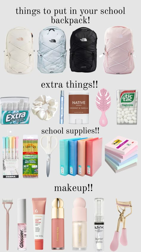 things to put in your backpack!! #beauty #outfitinspo #backpack #northface #northfacebackpack #preppy #makeup #rarebeauty #glossier Zebra Makeup, Middle School Essentials, School Emergency Kit, School Backpack Essentials, Preppy School Supplies, Preppy Makeup, Pretty School Supplies, Everyday Bag Essentials, School Survival Kits