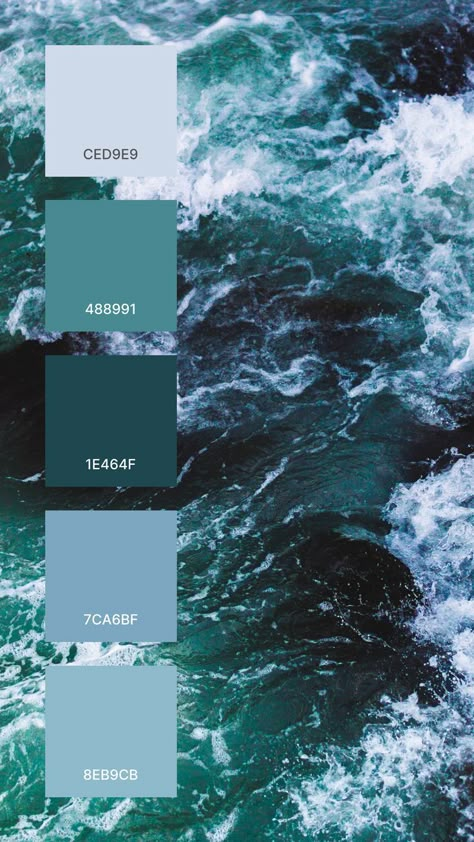 A good colors that work together in a color palette:
CED9E9
488991
1E464F
7CA6BF
8EB9CB Ocean Colour Palette, Ocean Color Palette, Paint Color Pallets, Calm Color Palette, Nature Projects, Ocean Colors, Storing Paint, Model Paint, Color Palette Design