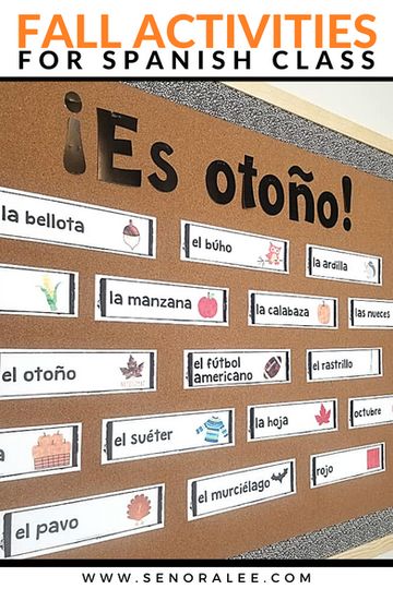 Fall Activities for Spanish Class Spanish Classroom Bulletin Boards, Spanish Teacher Classroom, Spanish Word Wall, Spanish Classroom Decor, Fall Vocabulary, Words In Spanish, Dream Classroom, Vocabulary Word Walls, Middle School Spanish