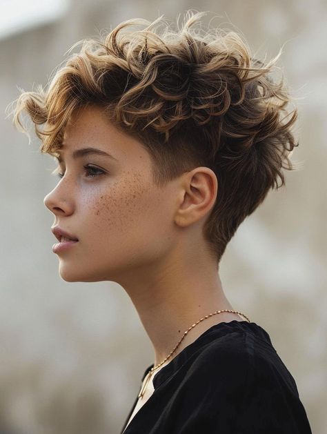 Stylish Curly Pixie Haircuts for a Modern, Bold Look Curly Punky Hair, Very Short Pixie Haircut Shaved Sides Curly Hair, Curly Pixie Fade, Short Curly Hair Lesbian Haircuts, Pixie Permed Hair, Short Curly Undercut Women, Short Hair Pixie Curly, Pixie With Fade, Short Hair Perm Pixie Cuts