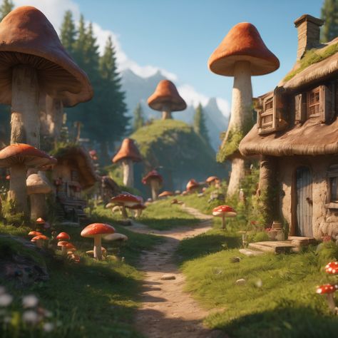 A little mushroom town , cinematic Mushroom Town, Mushroom City, Drawing Perspective, Little Mushroom, Beautiful Picture, City Aesthetic, Fantasy Landscape, Bitter, Cityscape