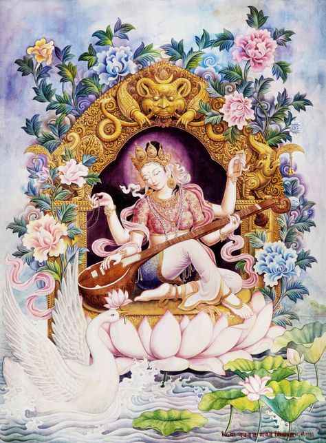 Happy Vasant Panchami, Vasant Panchami, Tantra Art, Saraswati Devi, Saraswati Goddess, Thangka Painting, Hinduism Art, Vedic Art, Goddess Artwork