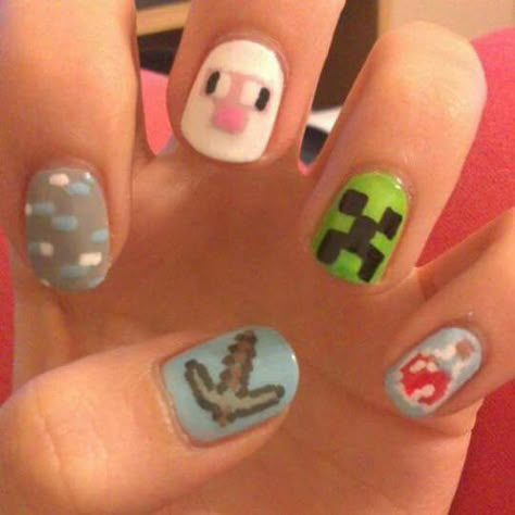 Minecraft Nails, Kid Nails, Mc Nails, Nerd Outfits, Punk Nails, Different Nail Designs, Grunge Nails, Y2k Nails, New Nails