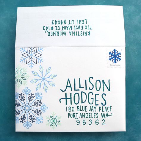 Holiday Envelope Art, Christmas Envelope Art, Lettering Envelopes, Addressing Christmas Cards, Kristina Werner, Hand Lettering Envelopes, Christmas Card Envelopes, Card Calligraphy, Mail Art Envelopes