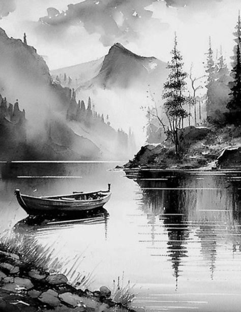 Sunset Drawing Black And White, Nature Sketches Pencil Simple, Pencil Shading Landscape, Grayscale Painting, Nature Tattoo Sleeve, Landscape Pencil Drawings, Free Stencils Printables, Black Paper Drawing, Landscape Sketch