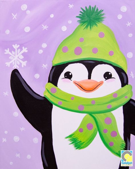 Easy Painting For Kids, Christmas Canvas Painting, Penguin Painting, Wallingford Connecticut, Kids Painting Party, Winter Art Lesson, Kids Canvas Art, Christmas Canvas Art, Winter Art Projects