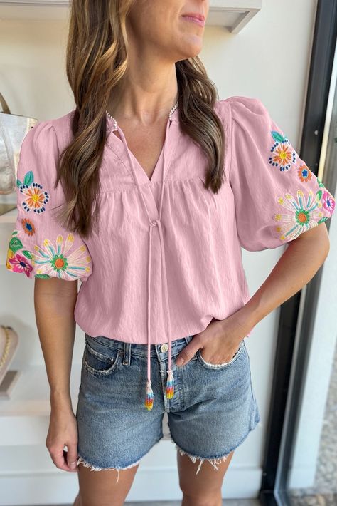 $11.67 Pink Floral Embroidered Puff Sleeve Split Neck Blouse Wholesale Blouse Size Chart, Embroidered Tie, Half Sleeve Blouse, Tie Neck Blouse, Puff Sleeve Blouse, Pink Blouse, Embroidered Blouse, Tie Neck, 8 M