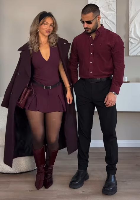 New Years Eve Outfits Couple, Nye Couple Outfits, Burgundy Couples Outfit, Red Outfit Couple, Couples Matching Outfits Date Night, Couples New Years Eve Outfits Classy, Couples Christmas Outfits Dressy, Simple Matching Outfits For Couples, Christmas Outfit Ideas For Couples