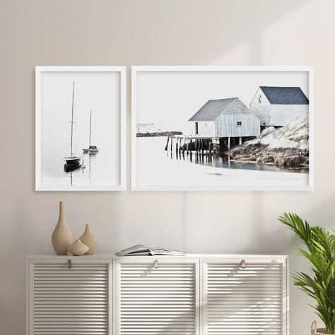 Come and see our collection of beautiful Hamptons Style wall art online at OliveEtOriel.com, like this fishermans boat house and yacht combo - we ship framed and unframed art worldwide! Hamptons Wall Art, Modern Hamptons Style, Modern Hamptons, Seaside Wall Art, Cottages By The Sea, Modern Hampton, Hamptons House, Hamptons Style, Country House Decor