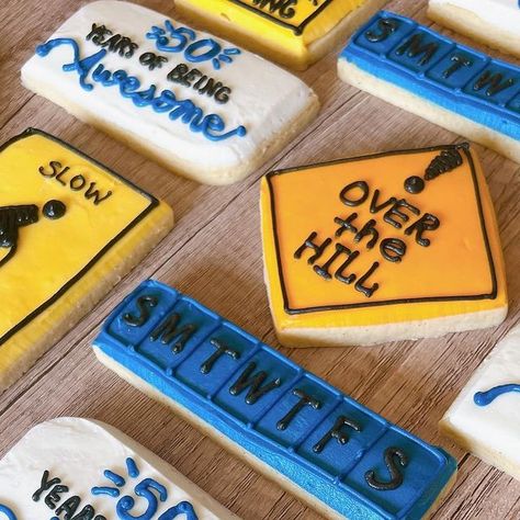 Over The Hill Cookies For Men, Over The Hill Cookies Decorated, Funny Birthday Cookies, 50th Birthday Decorated Cookies, Senior Cookies, 50th Birthday Cookie Ideas, 50th Birthday Cookies For Men, Over The Hill Cookies, 90th Birthday Cookies