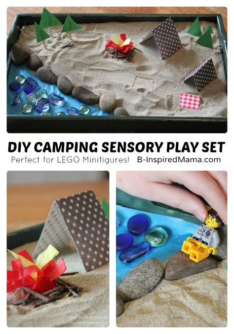 DIY Camping Sensory Play Set - Perfect for LEGO Minifigures! - at B-Inspired Mama Camping Sensory, Camping Dramatic Play, Diy Sensory Play, Camping Week, Camping Preschool, Preschool Camping, Camping Theme Preschool, Camping Theme Classroom, Diy Sensory