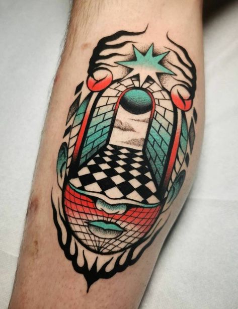 Traditional Surrealism Tattoo, Trippy Geometric Tattoo, Spiritual Traditional Tattoo, Trad West, American Traditional Tattoos Color, Trippy Tattoo Designs, Portal Tattoo, Pop Tattoo, Trippy Tattoo