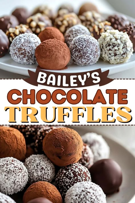 Experience the rich and creamy delight of these luxurious Baileys chocolate truffles. With a fun array of toppings, they're perfect for special occasions. Baileys Chocolate Truffles, Recipes With Baileys, Irish Truffles, Mini Baileys Gift Ideas, Baileys Irish Cream Truffles, Bailey Cookies, Liquor Truffles, Christmas Truffle Recipes, Baileys Fudge Recipes Easy