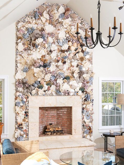 Shell Fireplace, Coastal Fireplace Ideas, Southern Home Magazine, Coastal Fireplace, Seashell Art Diy, Coquille St Jacques, Serene Home, Dubai Houses, European Explorers