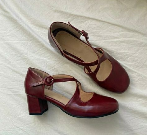 Red Vintage Shoes, Vintage Shoes Aesthetic, Red Shoes Aesthetic Vintage, 90s Heels Vintage, Red Mary Janes Aesthetic, 1930s Heels, Wine Red Mary Janes, The Cardigans, Shoe Inspo