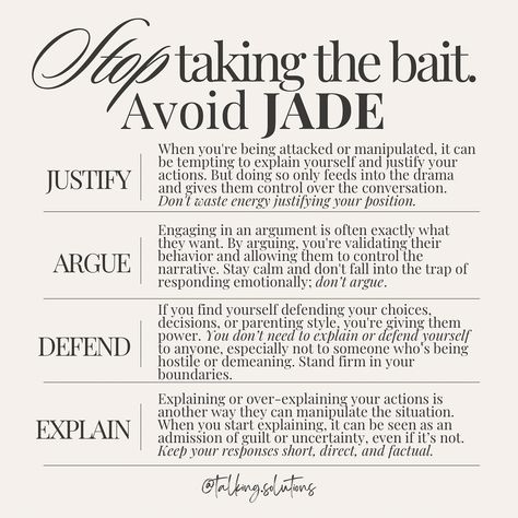 ➡️When coparenting with a narcissist, it’s easy to feel like you need to defend yourself or explain your choices. You may even believe if they just understood your position, or were presented with facts, they’d get it. (Spoiler alert: they don’t care and they won’t get it.) 🚩Responding or “taking the bait” is exactly what JADE (Justify, Argue, Defend, Explain) is—and here’s why it’s so unproductive: it gives your coparent the control and reaction he craves. Don’t take the bait! ❕Instead, fo... Coparenting With Narcissistic, Divorce Support, Court Order, Parenting Styles, Co Parenting, Spoiler Alert, Personality Disorder, November 17, Mental Health Awareness