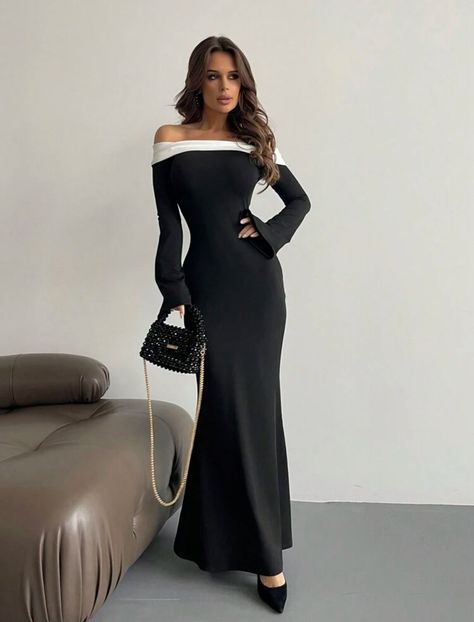 Dresses With Off The Shoulder Sleeves, Long Black Party Dress, Long White Bodycon Dress, Black Dress Outfit Party, Black Off Shoulder Dress, Black Romper Shorts, Plus Size Mini Dresses, Midi Dress Plus Size, Off Shoulder Dresses