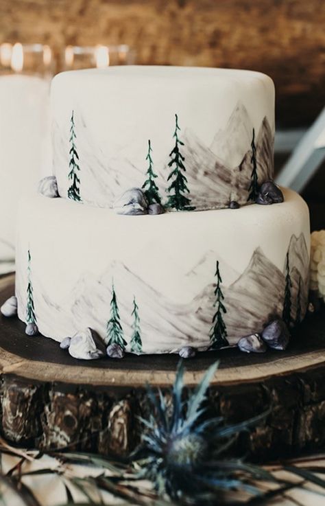 Mountain Wedding Boquet, Mountain Grooms Cake, Pinecone Wedding Cake, Simple Mountain Wedding Cake, Rustic Mountain Wedding Cake, Wedding Cake With Mountains, His And Hers Wedding Cake, Pine Tree Wedding Cake, Mountain Wedding Cake Ideas