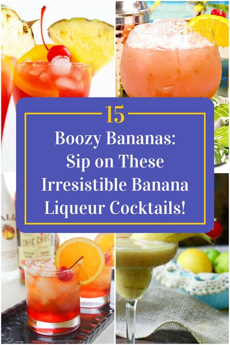 Collage of 4 banana liqueur cocktails. Banana Cocktail Recipes, Drinks With 99 Bananas, Banana Cocktail, Banana Drinks Alcohol, Banana Liquor Recipes, 99 Bananas Drinks Recipes, Shots With Banana Liquor, Creme De Banana Liqueur Recipes, Banana Flavored Alcoholic Drinks