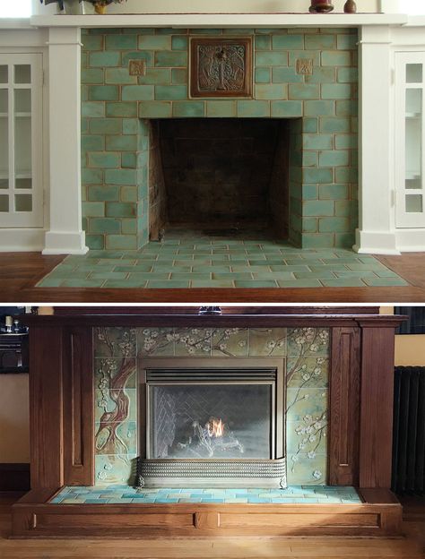 How To Tile Fireplace Surround, Craftsman Fireplace Tile, Delft Tile Fireplace Surround, Bungalow Fireplace, Craftsman Style Fireplace, Tile Around Fireplace, Fireplace Hearth Tiles, Victorian Fireplace Tiles, 1920s Craftsman