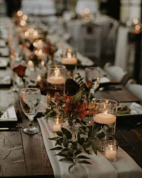 Table Runner Centerpieces Wedding, Wedding Table Decorations Floating Candles, Farm Table Floral Arrangements, Candle Runner Centerpiece, Rustic Wedding Candles, Long Reception Table Decor Simple, Floating Candles And Flowers Centerpiece, Simple Table Runner Decor, Fall Wedding Centerpieces Candles