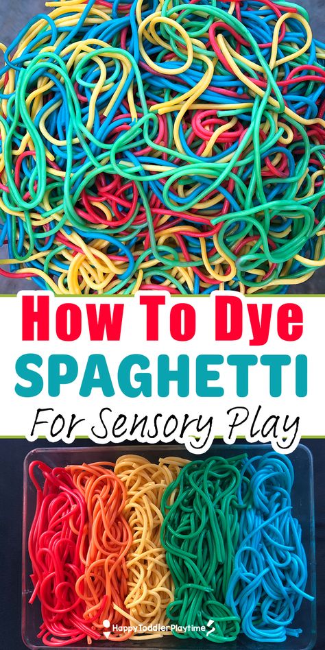 Cooked Spaghetti Sensory Play, How To Dye Noodles For Sensory Play, Coloured Spaghetti Sensory Play, Dyed Spaghetti Noodles Sensory Play, Spagetti Sensory Bin, Food Based Sensory Play, Simple Messy Play Ideas, Sensory Art For Infants, Spaghetti Noodle Sensory Bin