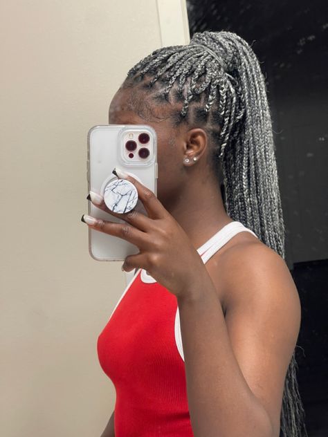 Grey Braids Black Women, Greybraids For Black Women, Natural Grey Hair Black Women, Grey Knotless Braids For Black Women, Black And Silver Braids For Black Women, Grey Goddess Braids, Silver And Black Braids, Silver Braids Black Women, Black And Grey Braids For Black Women