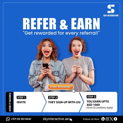 Share the news, reap the benefits! 🌟 Refer your friends to us, and if they seal the deal, you could unlock exclusive rewards! It's a win-win situation! Stand a chance to receive up to AED 1000 (Terms & Conditions Apply) #ReferAndEarn #SpreadTheWord #Rewards Refer A Friend Poster, Reward Poster, Interactive Marketing, Promo Poster, Win Win Situation, The Deal, Marketing Agency, Benefits, How To Apply