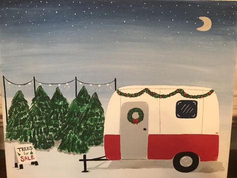 Camper Painting, Beginners Canvas Painting, Christmas Tree Lot, Diy Christmas Canvas, Beginners Acrylic Painting, Christmas Camper, Canvas Painting For Beginners, Christmas Tree Lots, Christmas Canvas Art