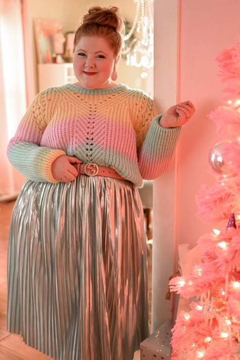 A Pastel Rainbow Outfit for Christmastime featuring the Jovie Tie-Dye Sweater from Anthropologie and a plus size Pleated Metallic Skirt from Ulla Popken. Plus Size Pastel Outfits, Pastel Winter Outfit, Metallic Skirt Outfit, Sweater With Skirt, Plus-koon Muoti, Plus Size Fall Fashion 2022, With Wonder And Whimsy, Pastel Winter, Wonder And Whimsy