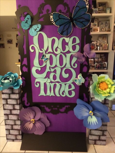 Once Upon A Time Library Displays, Fairytale Window Display, Once Upon A Time Door Decoration, Door Decorations Book Theme, Fairy Tale Classroom Door, Fairy Tale Decorations Classroom, Fairytale Door Decorations Classroom, Fairytale Reading Corner, Fairy Tale Backdrop