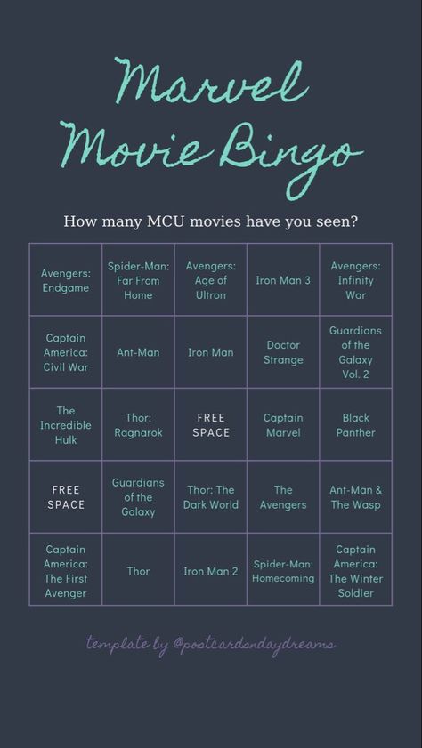 Bingo Movie, Bingo Story, Movie Bingo, Bored Games, Instagram Story Questions, Bingo Template, Marvel Movie, Hallmark Christmas Movies, Fantasy Movies