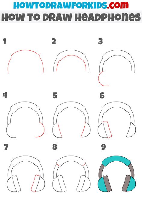 how to draw headphones step by step Character Accessories Drawing, How To Draw Headphones On Head, Headphones Drawing Easy, Headset Drawing, How To Draw Headphones, Headphones Reference, Draw Headphones, Headphones Doodle, Headphone Drawing