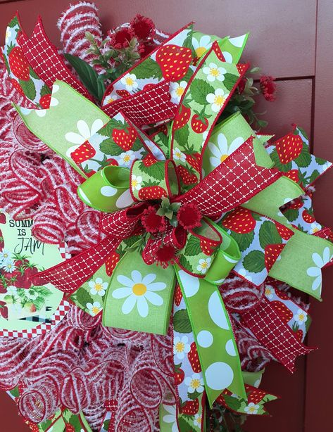 https://www.etsy.com/listing/1000621415 Strawberry Wreath, Everyday Wreaths, Summer Jam, Summer Porch, Faux Greenery, Wreath Summer, My Jam, Floral Spray, Large Bow