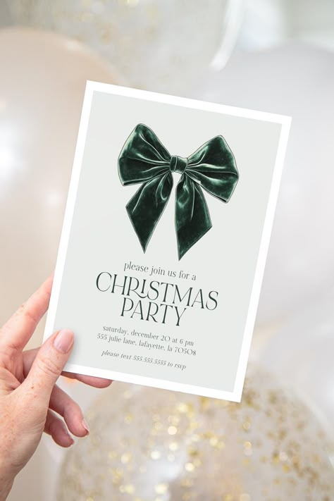 Green Bow Christmas Party Invitation | Holiday Party Invite | Printable Instant Download | Editable Template ✅ DEMO: Demo this item now! https://www.corjl.com/d/1O189D ✅ PERSONALIZE: 1️⃣ After purchasing, you will receive an email from Corjl with a link to access and edit your item. You can also go directly to Corjl.com and use your order info to log in and access your purchased items. 2️⃣ Personalize your items, then save or approve the proofs. 3️⃣ Download your files and print. ✅ SIZE: Invitat Home Party Invitation, Christmas Eve Invitations, Holiday Invite Design, Business Christmas Party Ideas, Christmas Party Invite Ideas, Christmas Family Party Ideas, Christmas Party Decorations Elegant, Christmas Invitations Ideas, Christmas Invitation Design