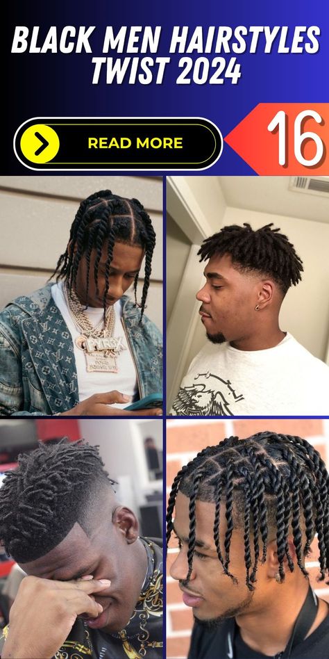 Explore the world of black men's hairstyles with twist elements in 2024 and stay ahead of the game. Whether you opt for short two-strand twists or long locks, these styles are designed to make a statement. Embrace your natural 4C hair texture or experiment with braids and protective styles for a bold look. Elevate your appearance with a modern drop fade haircut, highlighting the versatility of hair fades. Black Boy Twist Hairstyles, Two Strand Twist High Top Fade, Twist Hair Men Short, Men’s Twist With Fade, Men’s Twists Hairstyles, Short Twist Braids Hairstyles Men, Hair Twists Black Men, High Top Twists Men Hair, Men Twists Hairstyles Short