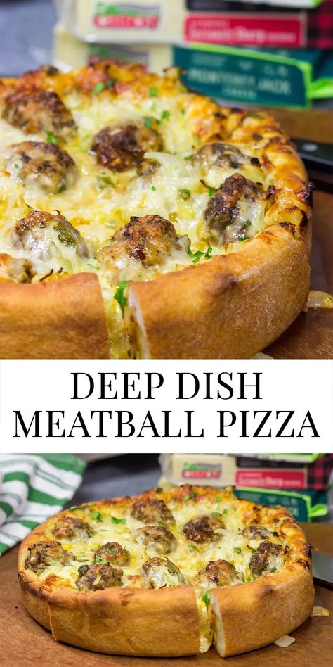 Pull out the springform pan...for pizza! Filled with 2 types of cheese, meatballs and seasonings, this Deep Dish Meatball Pizza is a fun way to mix up pizza night! Springform Pan Recipes, Cheese Meatballs, Deep Dish Pizza Recipe, Meatball Pizza, Pizza Soup, Homemade Pizza Dough, Vegetarian Pizza, Salad Toppings, Deep Dish Pizza